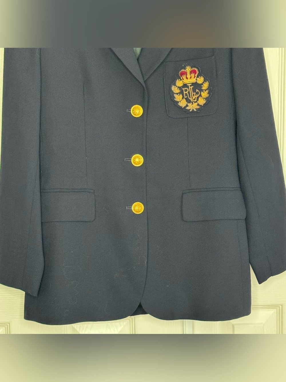 Vintage 90’s Lauren Ralph Lauren Navy 3D Crown Crest Wool Blazer Jacket Size 2P - Picture 4 of 13